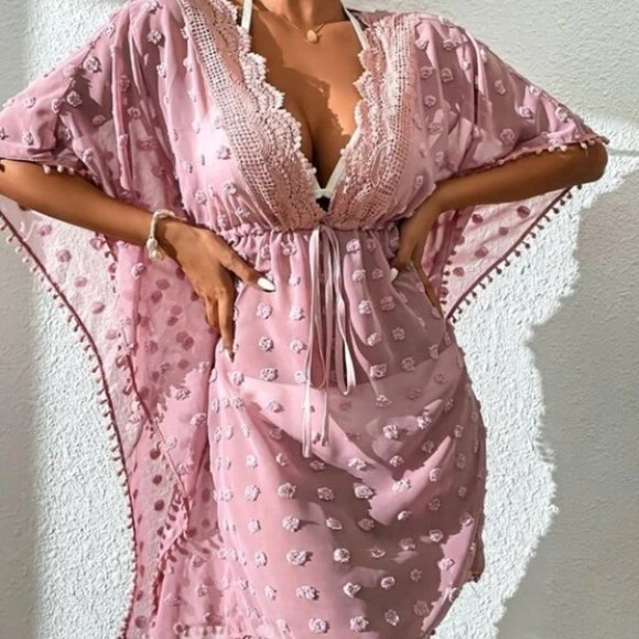 Lace detailed Pom pom Trim Knot Swiss Dot Cover Up Pink - Picture 3 of 6